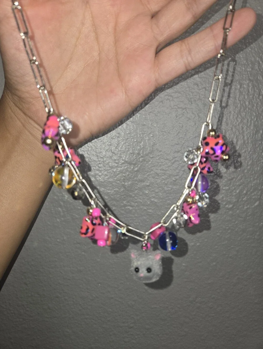 Pink Leopard Charm Necklace with Gray Cat Pendant